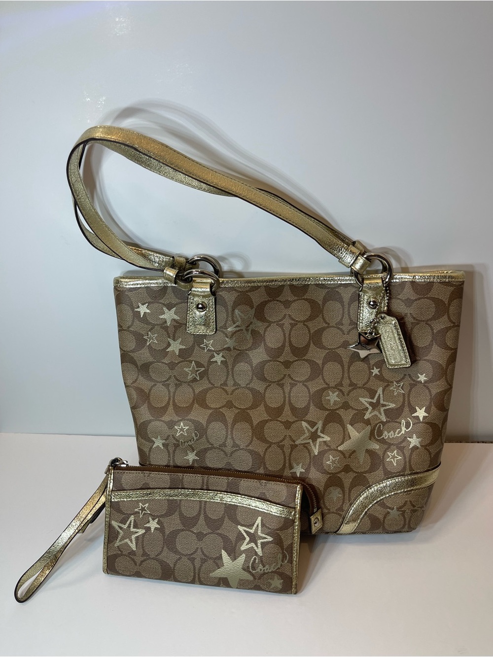 Coach Tan Signature Star Print Tote with Metallic Gold Accents and Wristlet